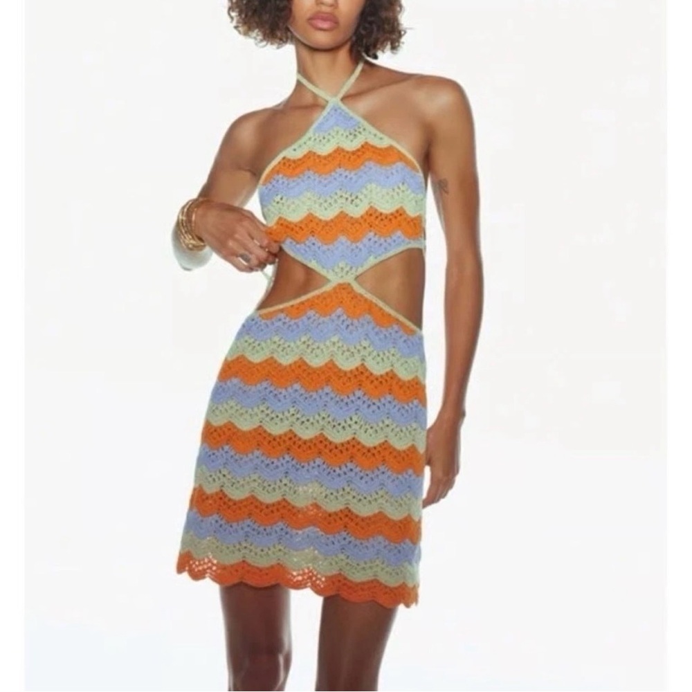 ZARA Limited Edition Crochet Cutout Halter Dress Green Orange Blue Small NWT